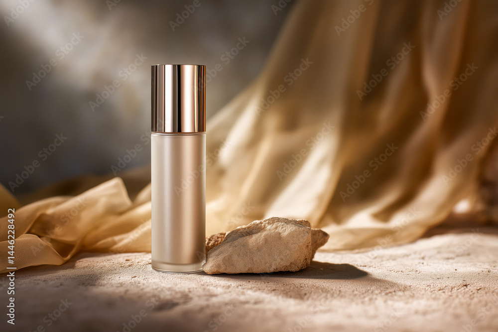 Elegant foundation bottle with golden accents on a textured surface