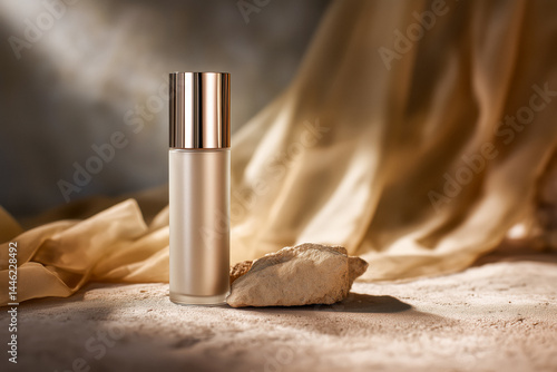 Obraz na płótnie Elegant foundation bottle with golden accents on a textured surface w salonie