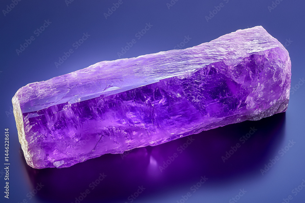 Large, raw amethyst crystal against a deep blue background