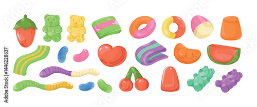 Jelly candy set. Bright stickers with fruity gummy bears, worms and chewy sweets with various flavors. Delicious sweet desserts. Cartoon vector illustration collection isolated on background