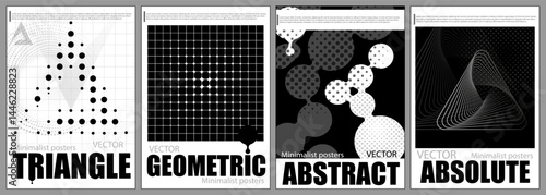 Set of minimalist posters. Modern art flyers with geometric shapes, halftone patterns and particles in brutalist style. Design elements for covers. Abstract vector illustration isolated on background