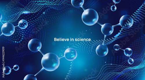 Science background. Tech neon banner with molecules, biological blue cells and blur particles effect. Futuristic microbiology poster. Design element for website. Realistic 3D vector illustration
