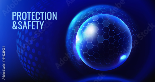 Protection sphere shield. Abstract banner with transparent glass ball with hexagon pattern and neon blue glow. Protection and safety. Technology background. Realistic 3D vector illustration