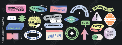 Set of y2k motivational patches. Trendy retro stickers with daily work affirmation and inspirational quotes. Cool Vibrant Labels for Print. Flat vector illustration collection isolated on background