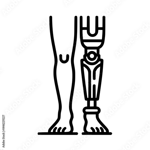 Prosthetic leg illustration with human outline, single line outline vector  