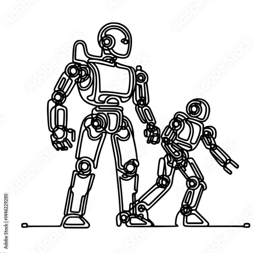 Vector of the contour of two powerful robots helping each other, one line
