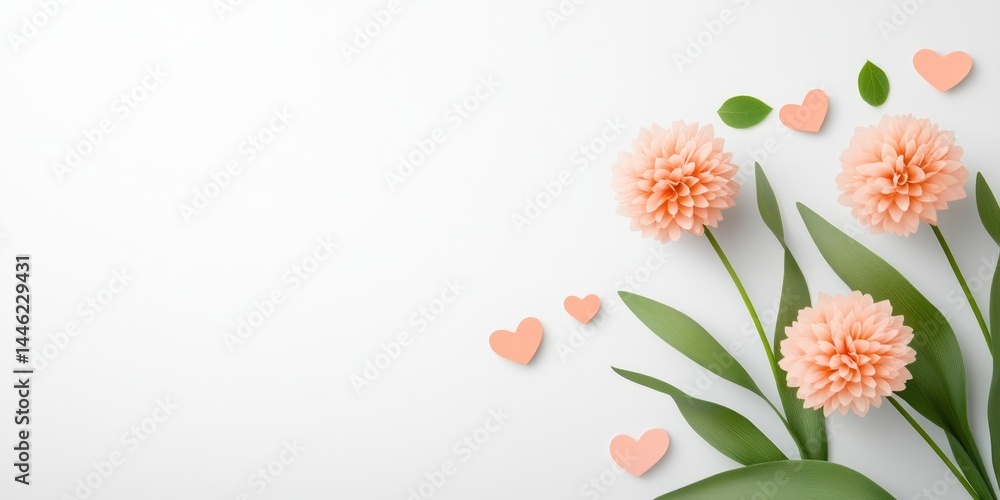 Naklejka premium Peach Flowers Hearts and Leaves on White Background