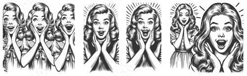 Surprised woman showing shock or excitement Set collection bundle sketch engraving generative ai vector illustration. Scratch board imitation. Black and white image.