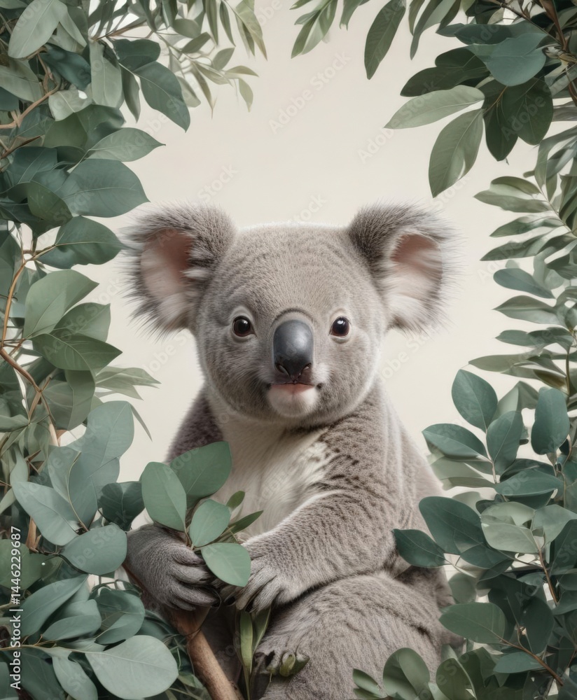 Fototapeta premium Adorable koala joey nestled amongst eucalyptus leaves Seamless repeat vector pattern , wallpaper, baby koala