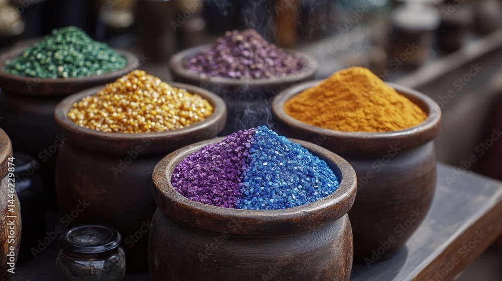 Colorful spices in rustic bowls Colorful spices in rustic bowls