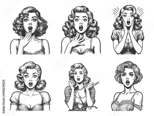 Surprised woman showing shock or excitement Set collection bundle sketch engraving generative ai vector illustration. Scratch board imitation. Black and white image.