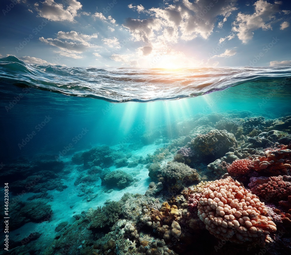 A view of the seabed featuring an underwater coral reef, complete with a visible horizon and water's surface A view of the seabed featuring an underwater coral reef, complete with a visible horizon and water's surface