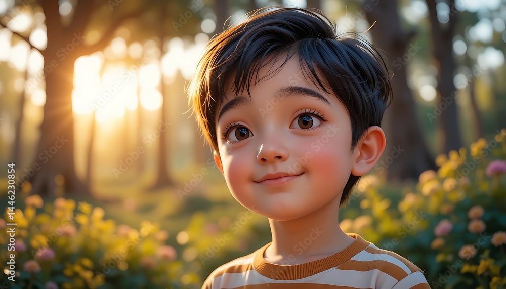 Smiling Child in a Sunny Forest with Beautiful Sunlight