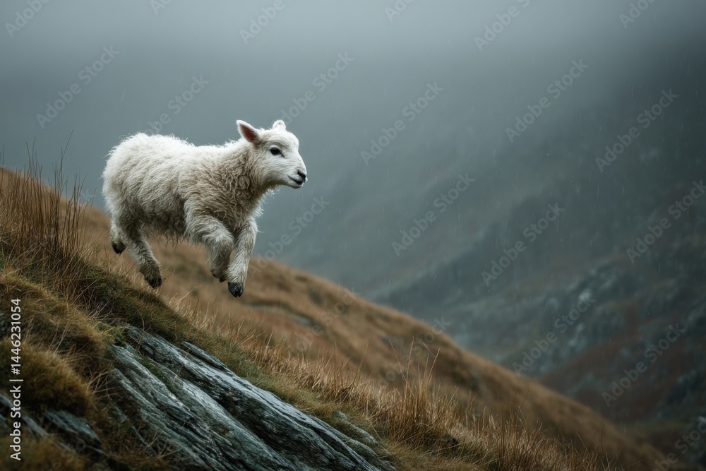 Fototapeta premium Lamb leaping down rocky hillside on overcast day with rain, sheep running through a pasture during inclement weather