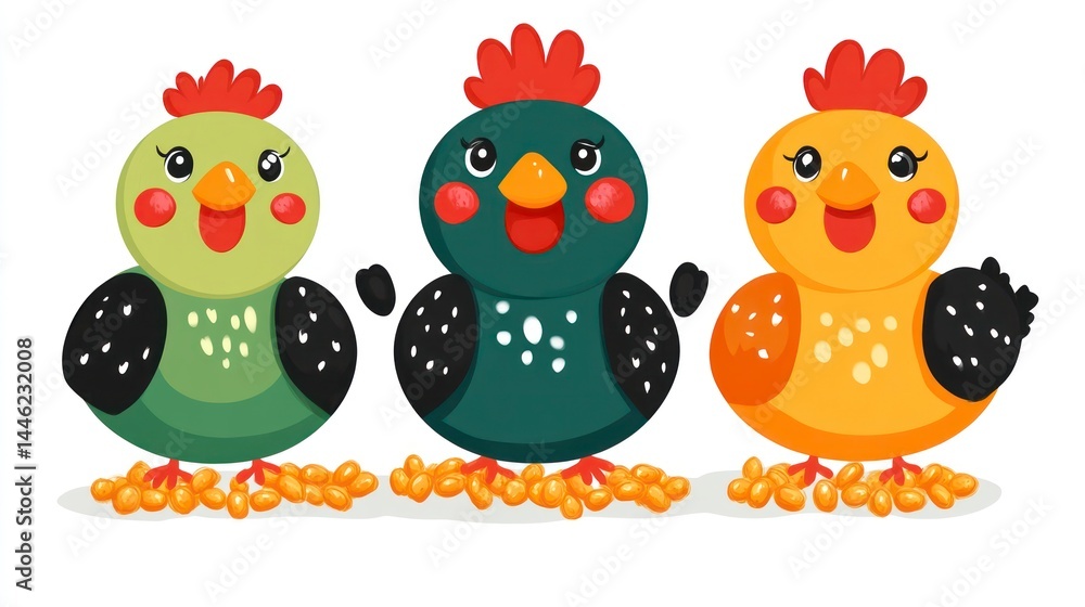 Obraz premium Colorful Cartoon Chickens with Eggs Adorable Farm Animals for Kids and Design Projects