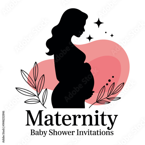 Maternity baby shower invitation vector with silhouette of pregnant woman, floral decorations and soft pink background, elegant motherhood design