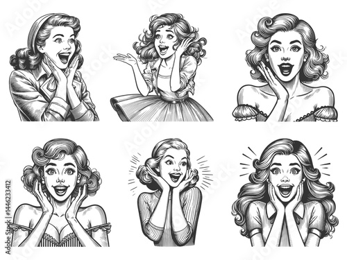 Surprised woman showing shock or excitement Set collection bundle sketch engraving generative ai vector illustration. Scratch board imitation. Black and white image.