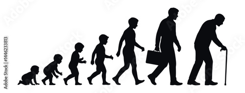 Silhouette of male life stages from baby crawling to elderly man with walking stick, growth and aging timeline vector concept