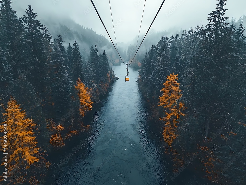 Aerial view of cable car over river