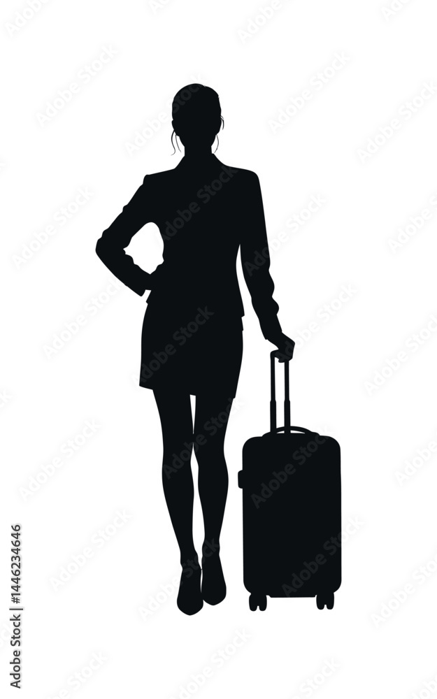 Silhouette of a woman traveler with suitcase, business trip or vacation concept vector illustration on white background Silhouette of a woman traveler with suitcase, business trip or vacation concept vector illustration on white background