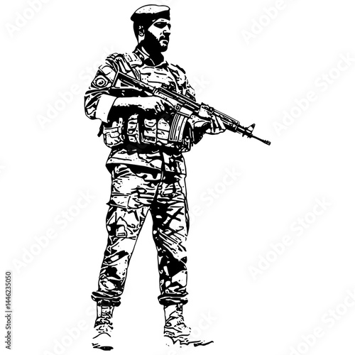 Pakistan Army detail art illustration black and white Standing tall with great courage and valor 