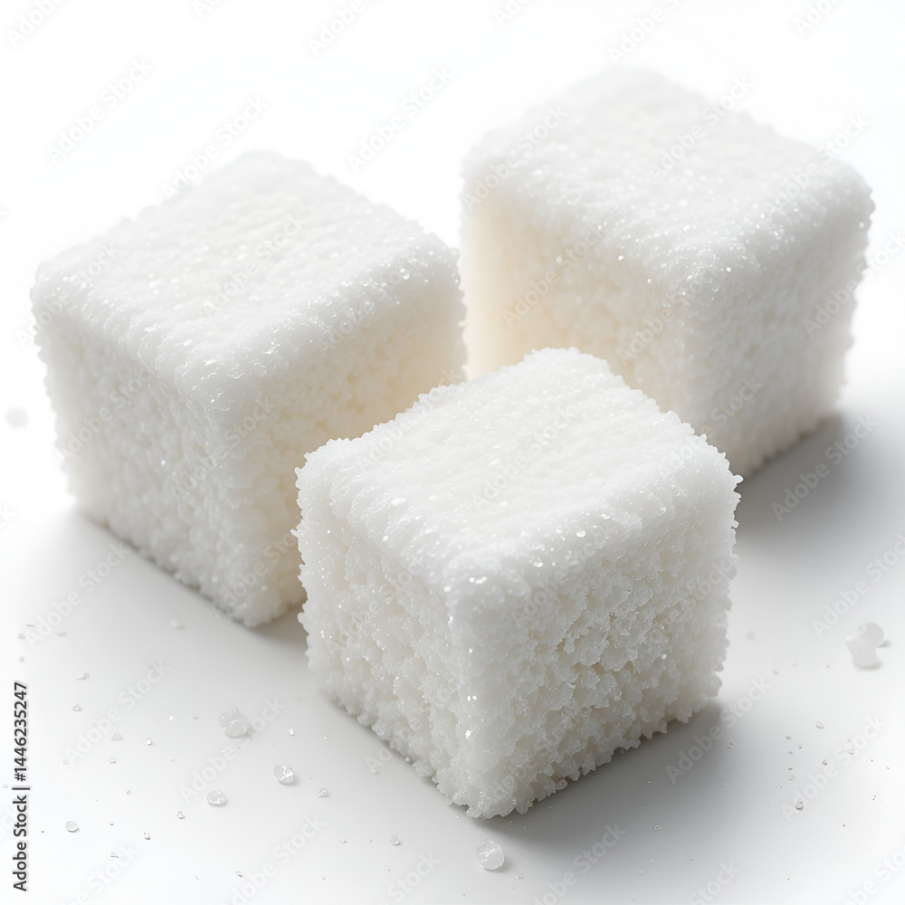 Close-up of three white sugar cubes, isolated on white background Close-up of three white sugar cubes, isolated on white background