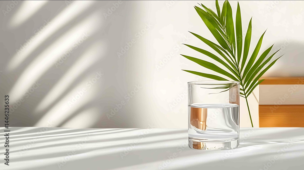 A simple glass of water reflecting soft daylight in a minimalist bedroom A simple glass of water reflecting soft daylight in a minimalist bedroom
