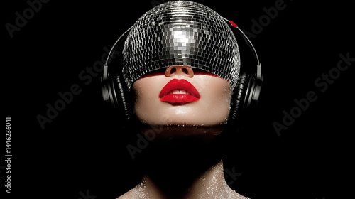 Glamorous Woman Disco Ball Headphones Red Lips Nightclub Party Music