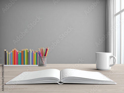 Creative Workspace with Open Book and Colored Pencils photo