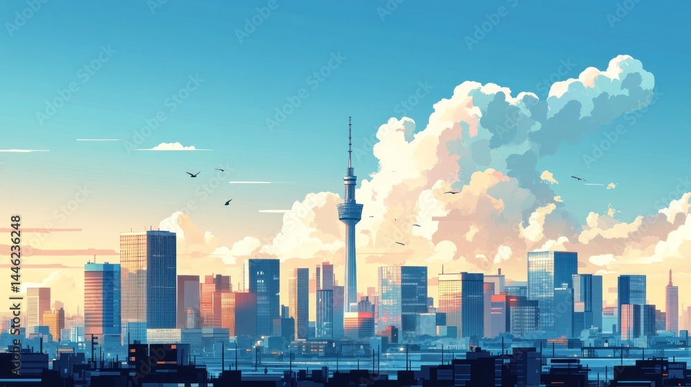 Fototapeta premium Cityscape at dawn, stylized illustration