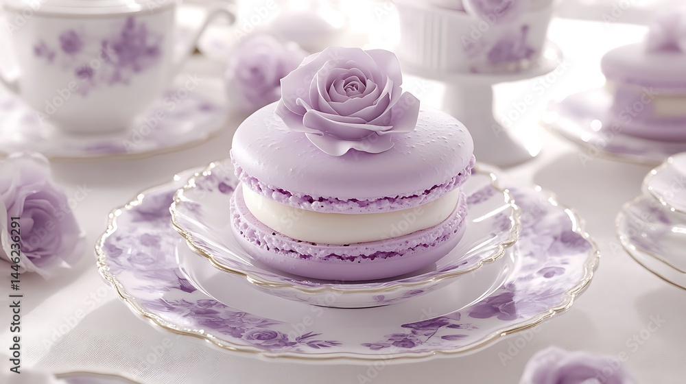 Delicate lavender macaron adorned with a sculpted rose. Delicate lavender macaron adorned with a sculpted rose.
