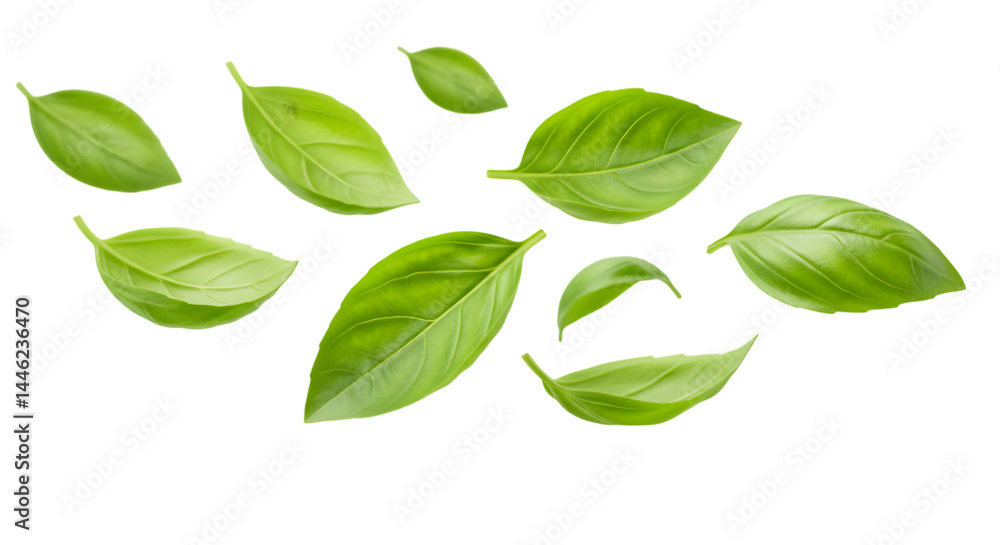 Flying basil leaves on PNG background Flying basil leaves on PNG background