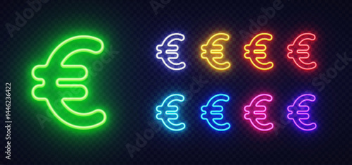 Euro sign in neon design featuring a bold green version and five vibrant color duplicates. Electric glow pops against the dark dotted background.