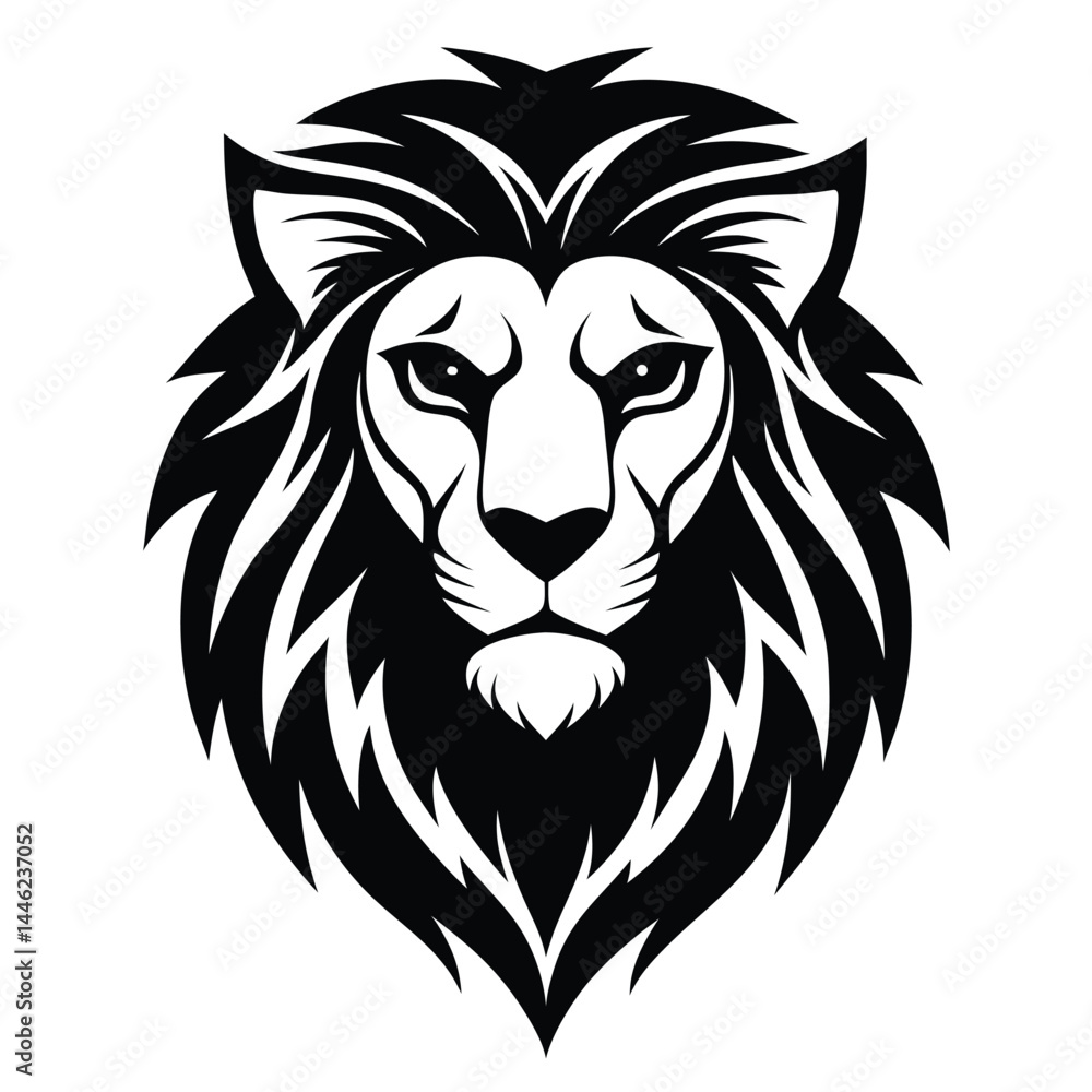 Obraz premium Majestic Lion Head Silhouette, Feline Face, Wild Animal, Wildlife, Black and White Icon