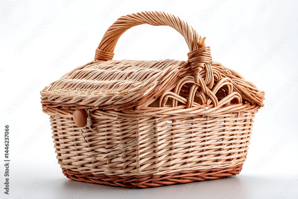 Obraz premium A wicker basket, isolated on a white background, showcasing a traditional woven container with a handle, perfect for rustic storage.