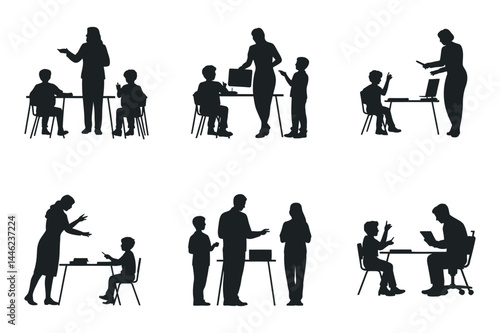Silhouettes of teachers and students in various classroom scenarios, vector illustration of learning and education activities