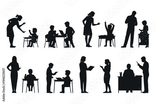 Silhouettes of teachers and students in classroom scenes, multiple education concepts with children and instructors, vector illustration