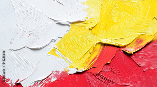 Pintura acrílica amarela, branco e vermelho texturizada abstrata sobre tela.