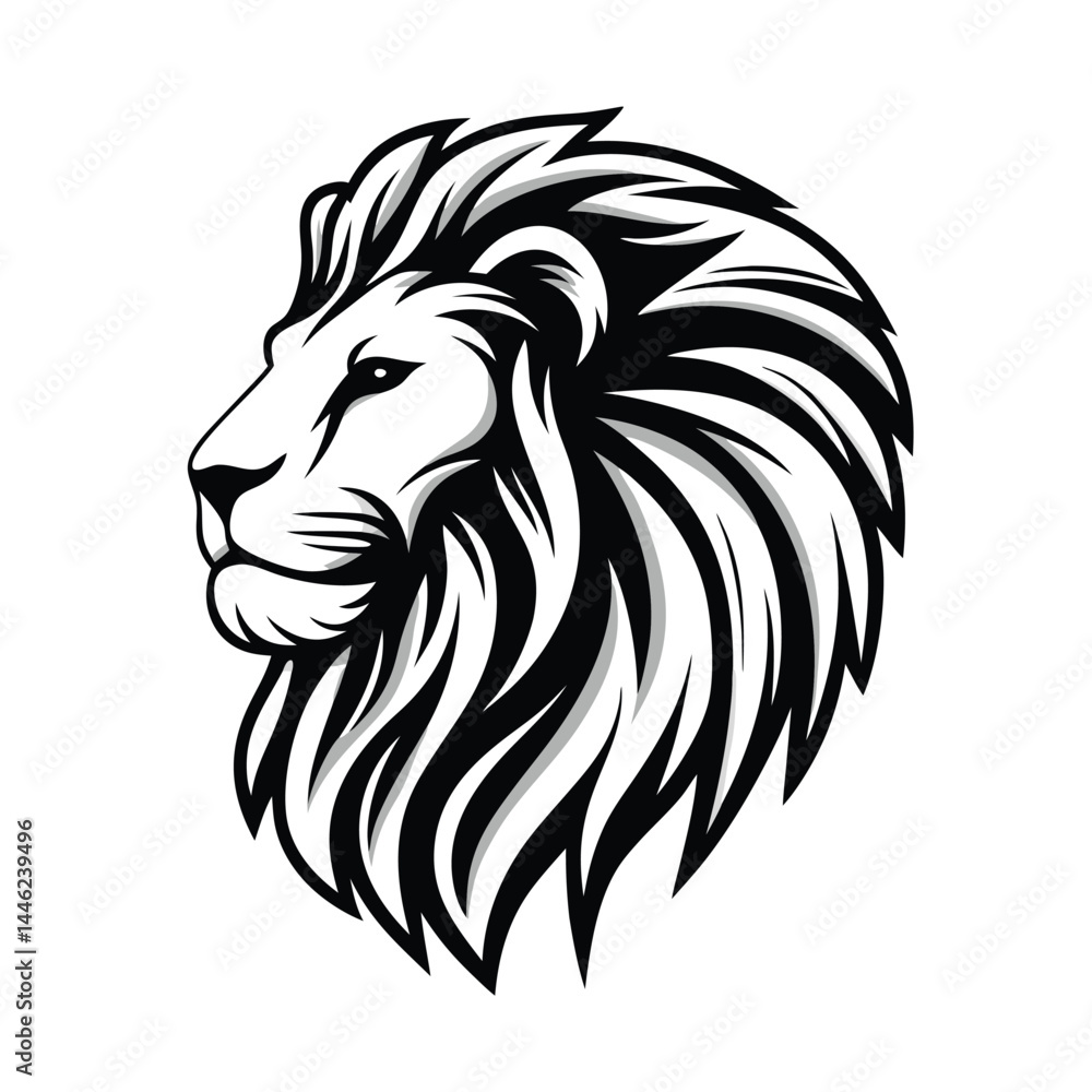 Fototapeta premium Striking Lion Head Outline Black and White Illustration, Wild Cat, Mane Detail, Logo