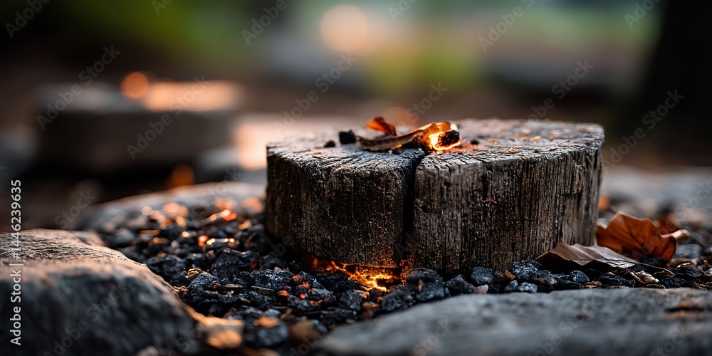 Fototapeta premium Glowing embers ignite a wooden stump