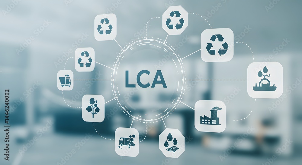 Naklejka premium LCA Life Cycle Assessment and Sustainability Concept. A digital interface displaying LCA surrounded by sustainability icons recycling transportation production, and environmental conservation