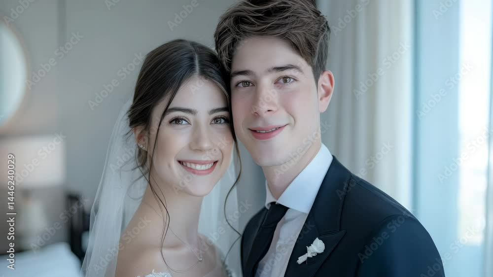Capture the essence of joy with this stunning image of a bride and groom in elegant wedding attire, showcasing their radiant smiles. Perfect for conveying love and happiness on a special day. Capture the essence of joy with this stunning image of a bride and groom in elegant wedding attire, showcasing their radiant smiles. Perfect for conveying love and happiness on a special day.