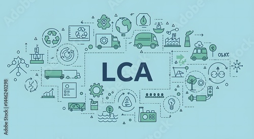 LCA Life Cycle Assessment and Sustainability Concept. A digital interface displaying LCA surrounded by sustainability icons recycling transportation production, and environmental conservation