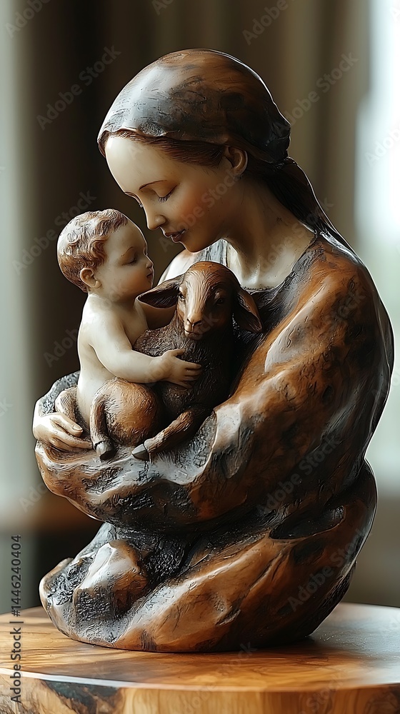 Mother tenderly holding baby and lamb