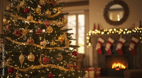 Ornate Christmas Tree with Gold and Red Ornaments in Warm Festive Home