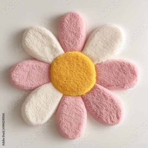 Plush flower rug, soft petals in pink and white, yellow center