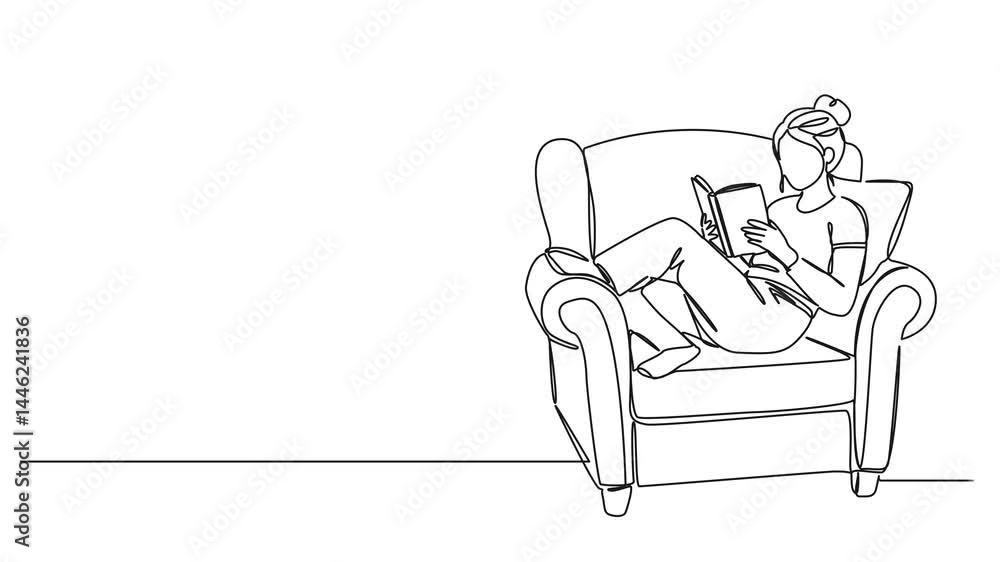 animated continuous line drawing of woman relaxing on armchair reading book, line art animation animated continuous line drawing of woman relaxing on armchair reading book, line art animation
