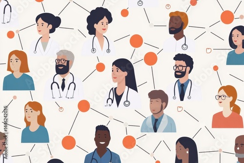 Connections between healthcare professionals represented by icons over a diverse backdrop of illustrated individuals, network of connections with icons over diverse doctors talking