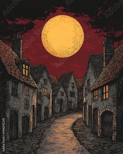 Fototapeta Naklejka Na Ścianę i Meble -  A narrow street in a medieval town, bathed in eerie moonlight under a blood-red sky.  Buildings are dark, gray stone with small, lit windows