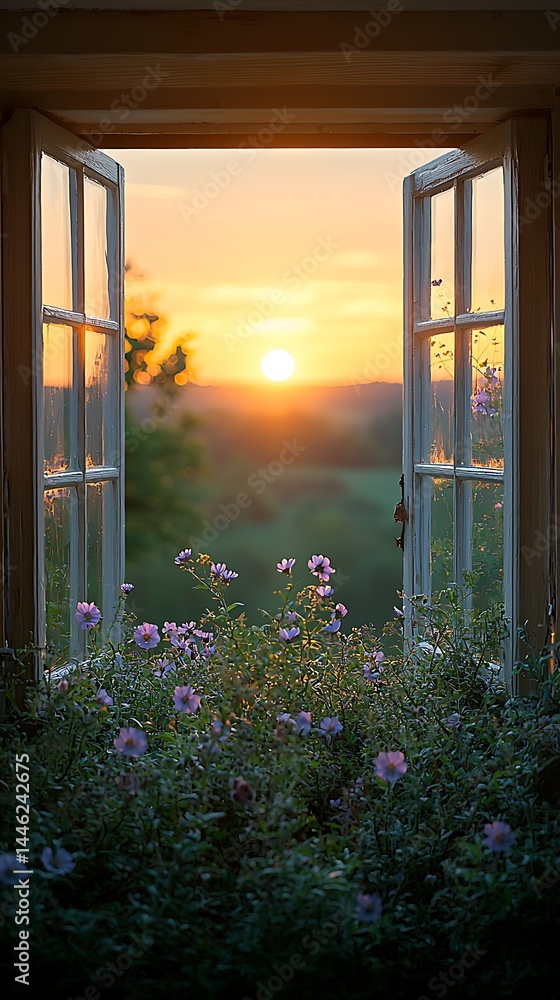 Sunrise view through open window, flowers